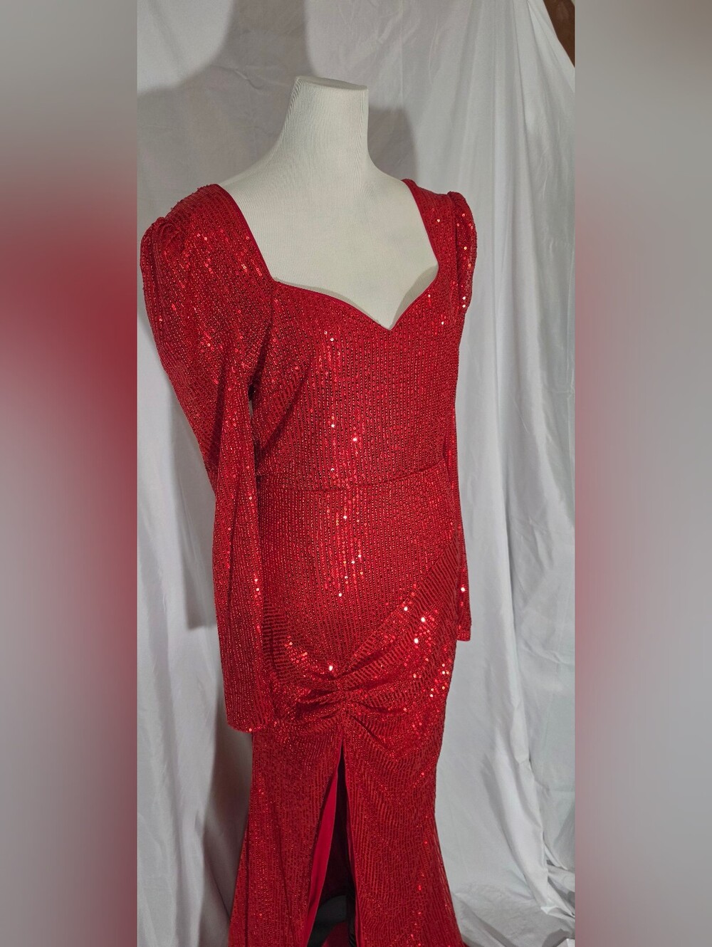Red Sequin Long Sleeve Sweetheart Gown